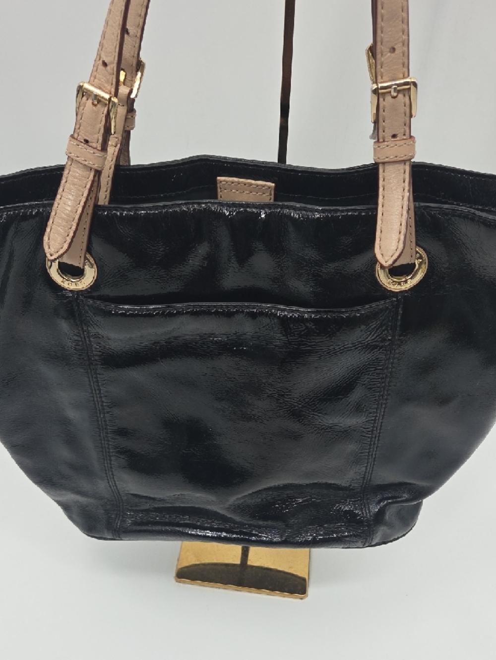 Michael Kors Black Patent Tote with Tan Straps and Gold MK Charm - Picture 10 of 16
